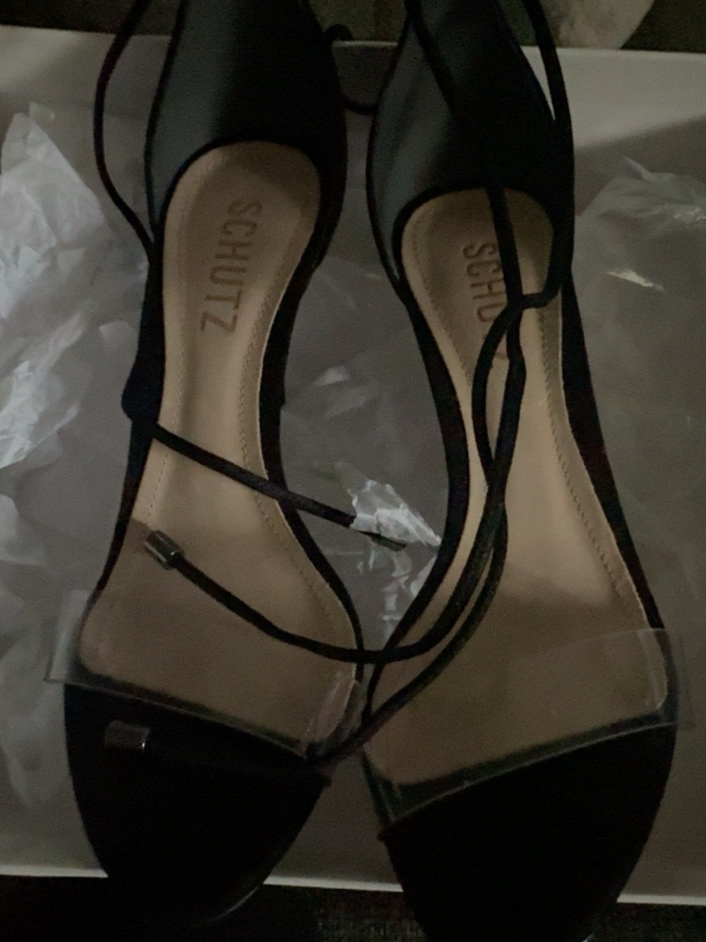 SCHUTZ Jossana Black Clear Vinyl Strappy Heels Sandals Size 5
